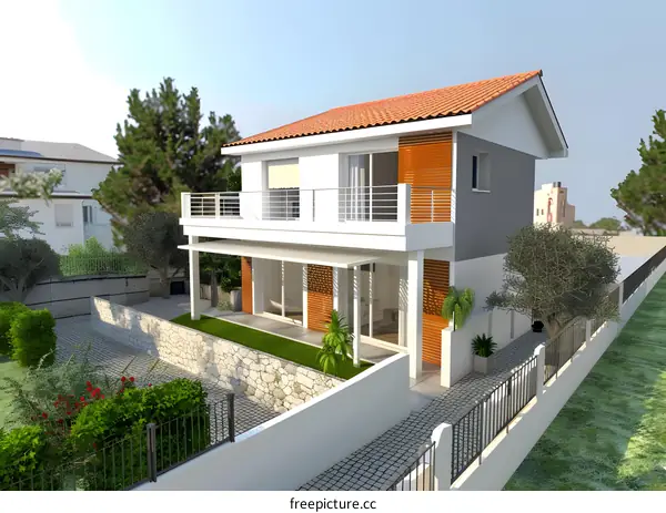 Modern Two Story House with White Walls and Orange Accents