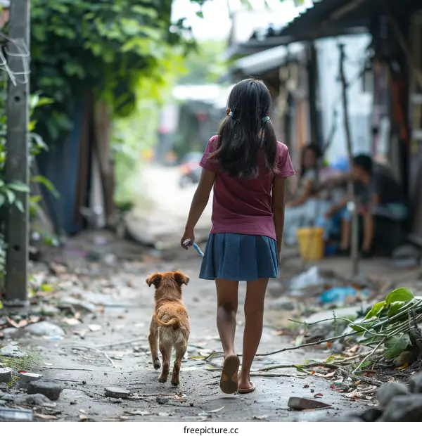 Little girl walking with a dog in the street
