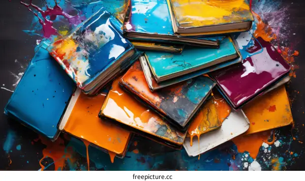 Colorful Book Stack with Paint Splatter