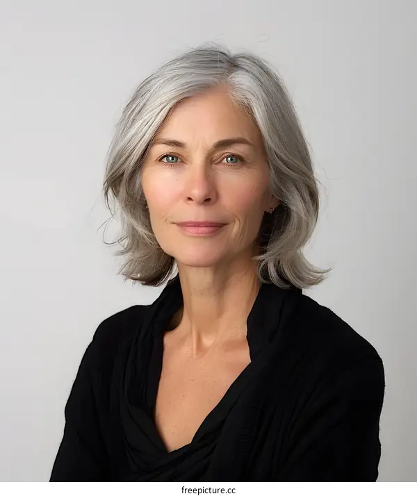 Portrait of a Mature Woman with Grey Hair and Blue Eyes