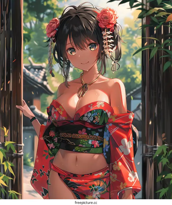 An anime-style illustration of a beautiful woman in a revealing kimono