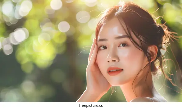 Young Asian Woman with Perfect Skin in Nature