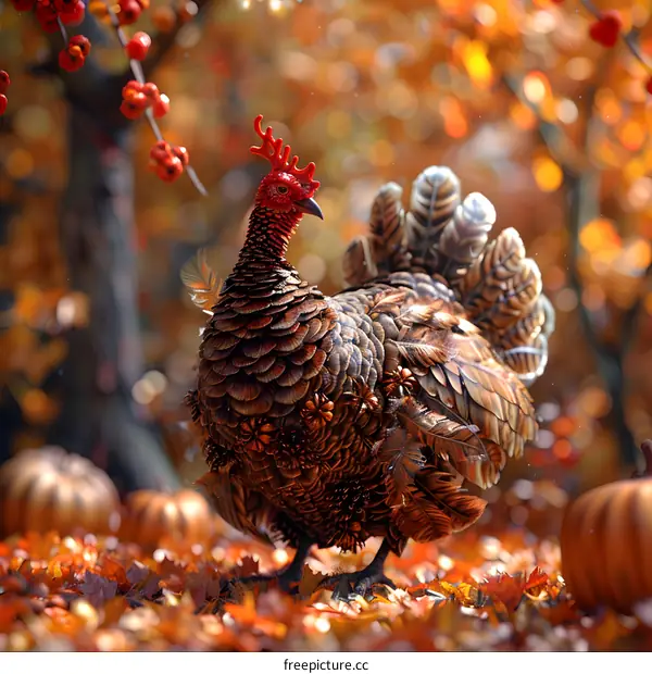 A majestic turkey stands in a field of pumpkins and fall leaves.
