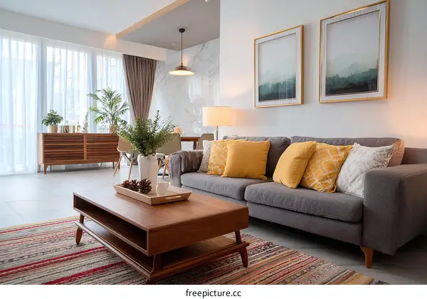 Modern Living Room Interior Design with Gray Sofa and Yellow Pillows