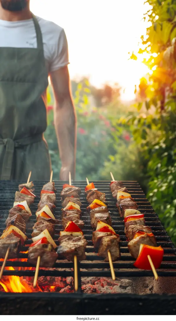Man grilling meat skewers on a barbecue in the backyard