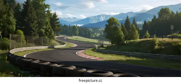 Scenic race track surrounded by lush green trees and mountains in the background