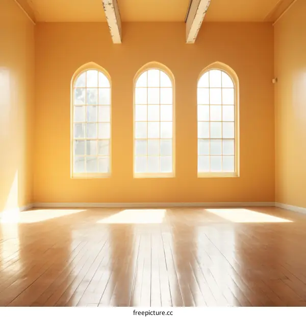 Three arched windows in a large empty room with yellow walls and hardwood floors