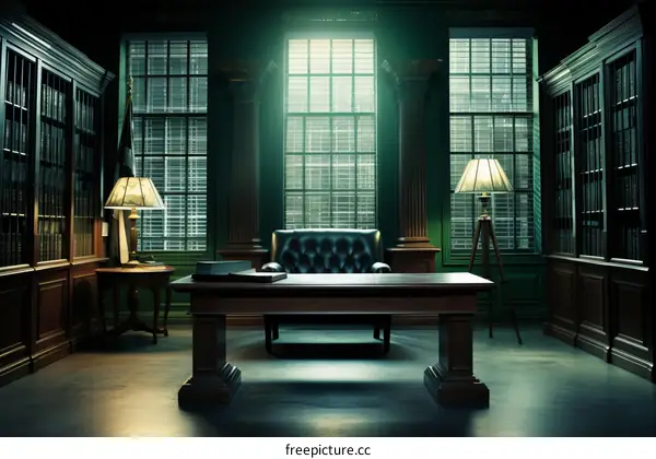 Empty Retro Law Office with Leather Chair and Desk