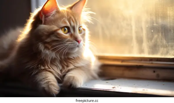 A ginger tabby cat basks in sunlight on a window sill