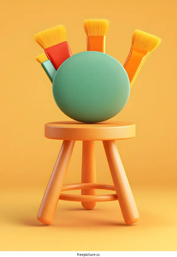Three Paintbrushes on a Wooden Stool