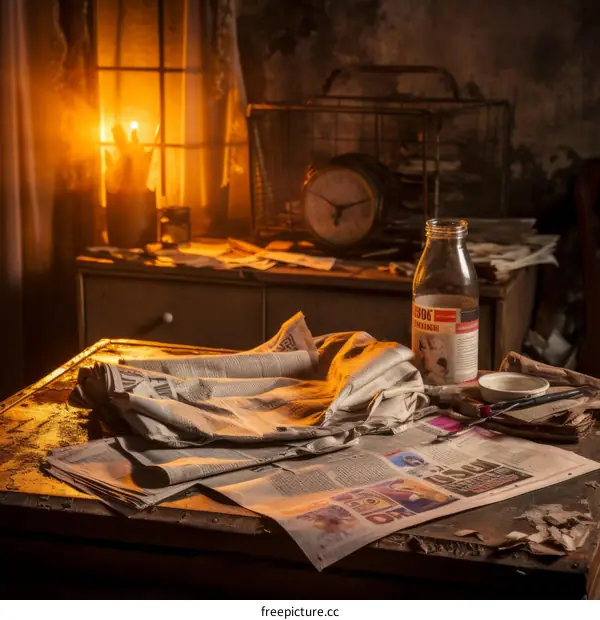 papers and a bottle on the table with candlelight in the background