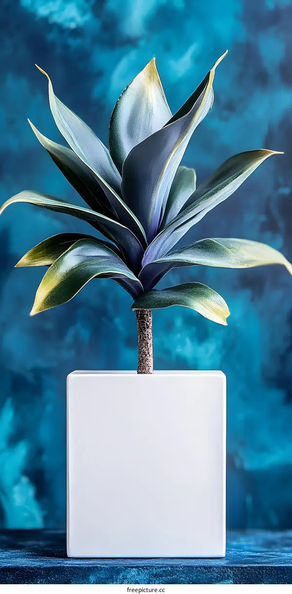 Green Plant in White Pot on Blue Background