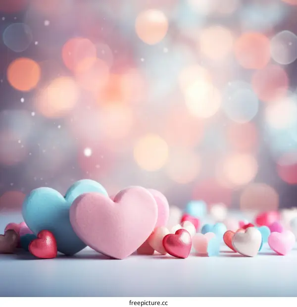 Pink and Blue Hearts with Bokeh Lights on a Table