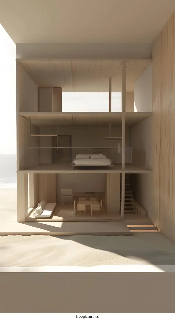 Minimalist Wooden House Model on a Sandy Beach