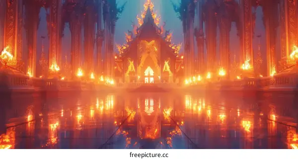 Fantasy Illustration of a Magnificent Hall with Thai and Chinese Architectural Features