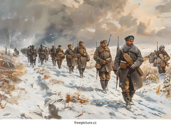 Russian Soldiers Marching Through a Snowy Landscape