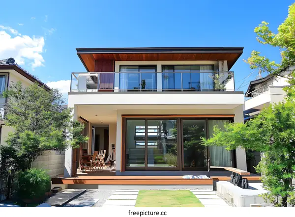 Modern White House with Balcony and Wooden Deck in Front Yard
