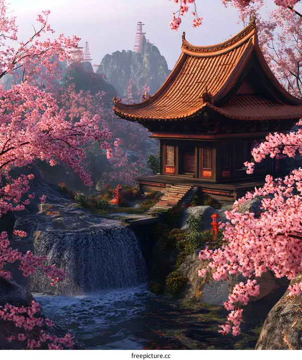Traditional Chinese Temple in Mountain with Cherry Blossoms