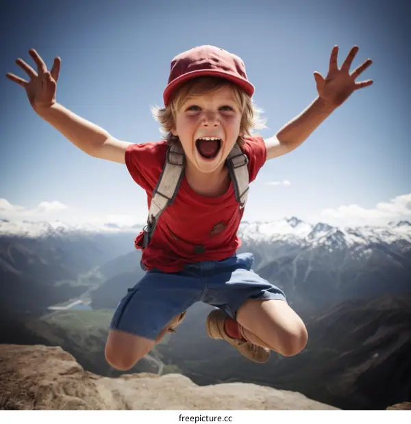Ecstatic young boy jumping for joy in the Swiss Alps