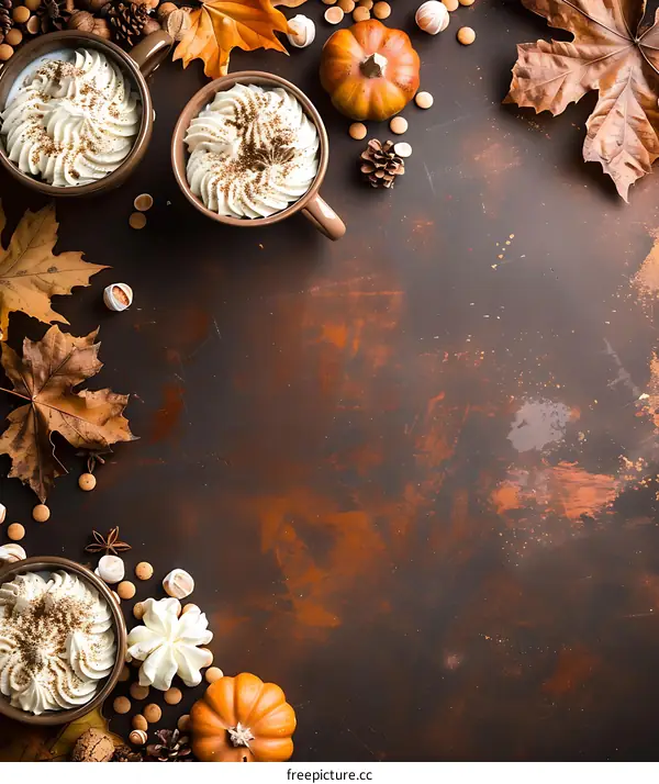 Autumnal Flat Lay with Whipped Cream Coffee and Pumpkins