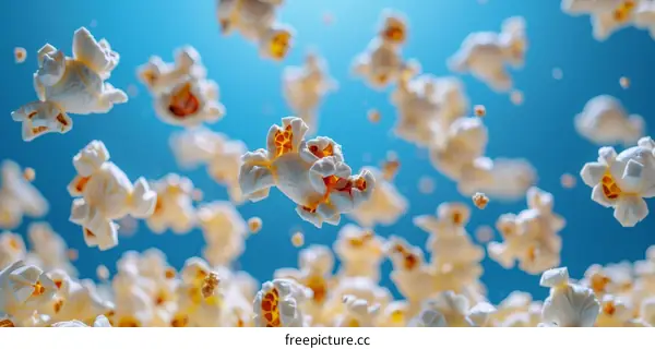A blue background with a lot of popcorn pieces flying in the air