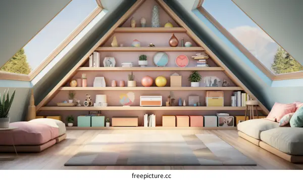 A Colorful and Cozy Attic Room with a Large Triangular Bookshelf