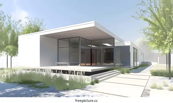 Modern White House Exterior with Patio and Landscaping