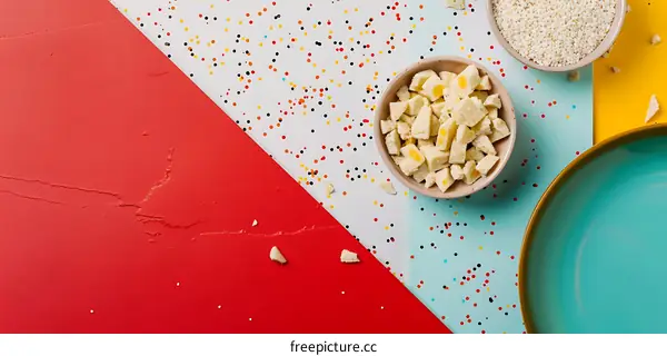 White Confectionery Pieces in Bowl on Colored Background