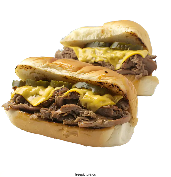 [Transparent Background PNG]Beef sandwiches with melted cheese and pickles