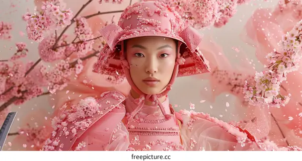 A woman wearing a pink samurai helmet and armor stands in a field of cherry blossoms.