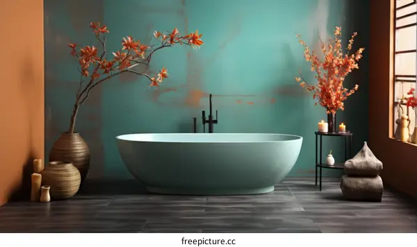 Teal bathroom with Japanese maple branches and a stone vessel sink