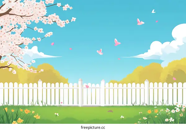 Springtime Garden with Cherry Blossom Tree and White Fence