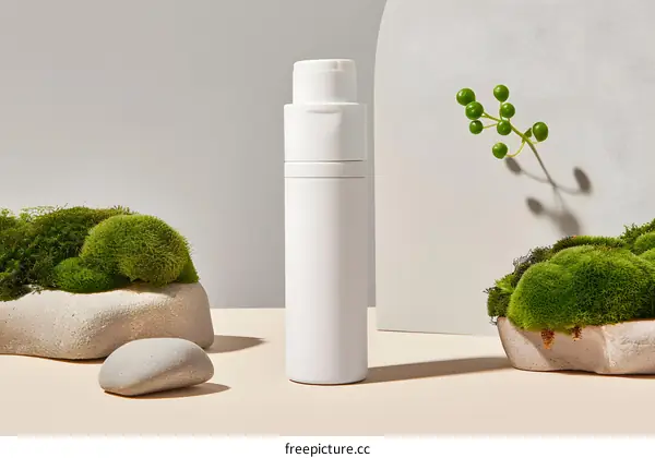 White Cosmetic Bottle Mockup with Moss and Stone