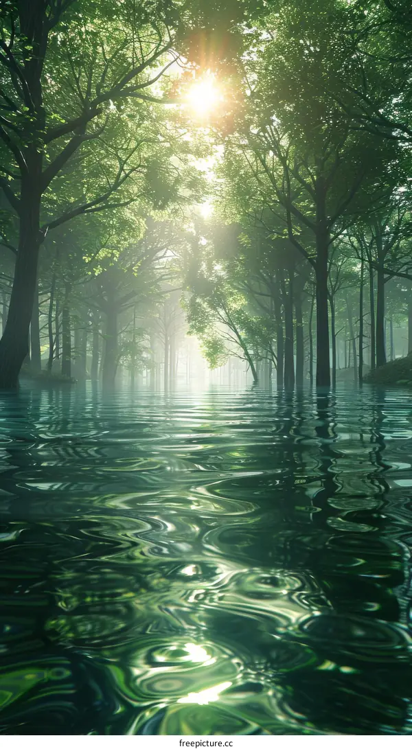 Sunlight Filtering Through Lush Forest Canopy, Illuminating Serene Water