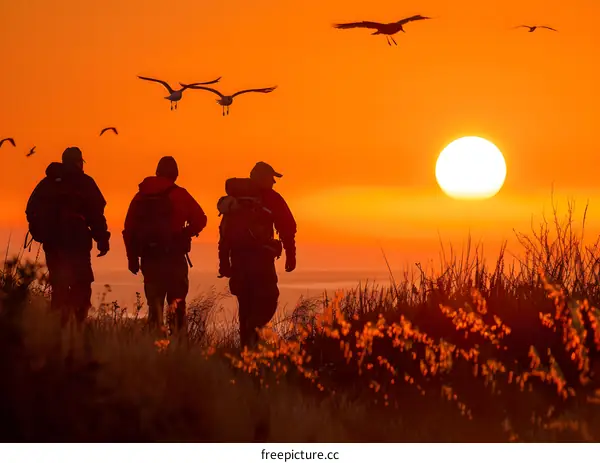 Three Hikers Silhouettes at Sunset Overlooking the Ocean