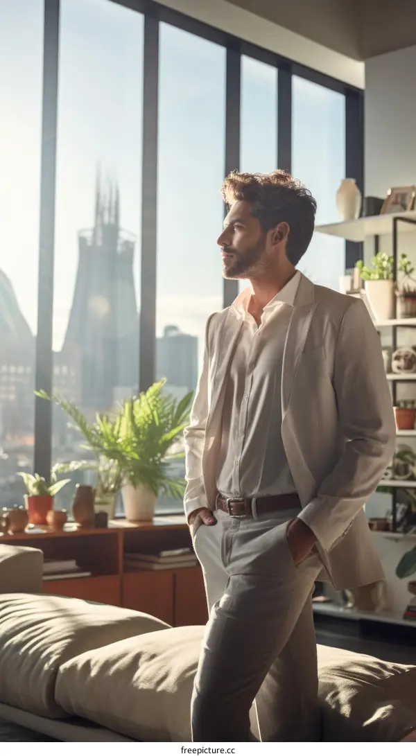 A man in a white suit stands in front of a window looking out at the city