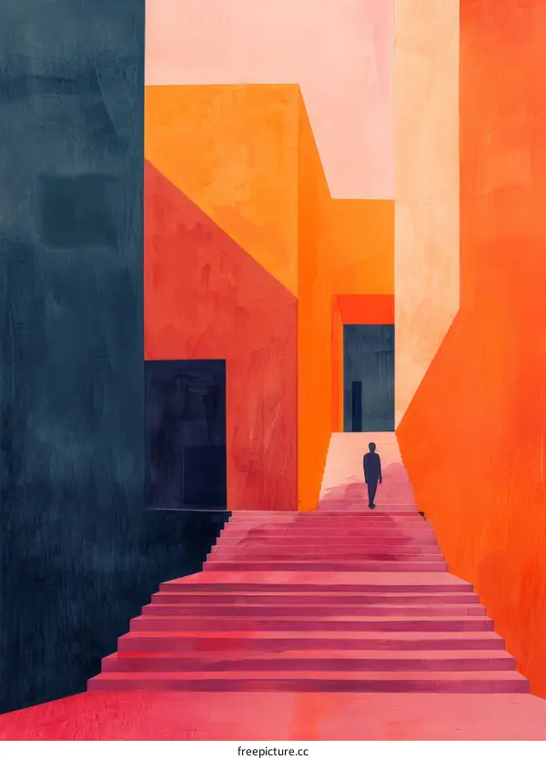 A Solitary Figure Ascending in a Modern Cityscape