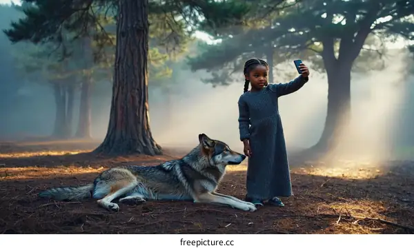 Girl Taking Selfie with Dog in a Foggy Forest