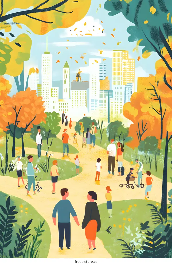 Autumn Day in the Park with Cityscape in the Background