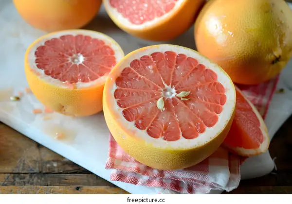Freshly Cut Pink Grapefruit on a White Cutting Board