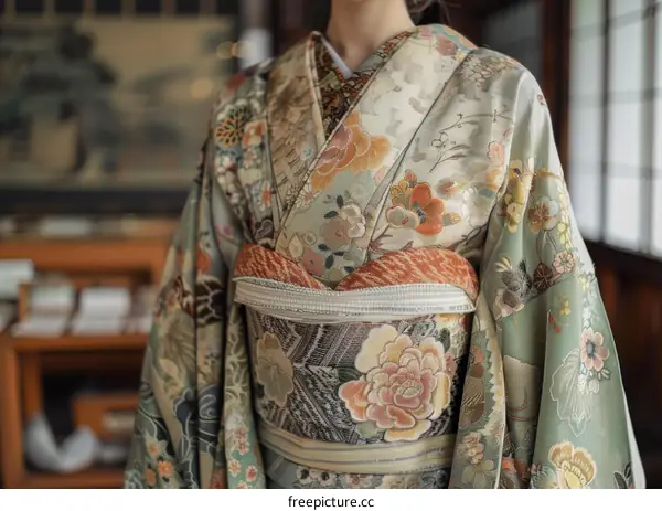 A woman wearing a kimono with floral patterns and an obi with a geometric pattern