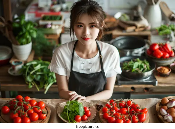 Portrait of a young Asian woman wearing a white shirt and black apron, working in a restaurant kitchen with vegetables on a cutting board.