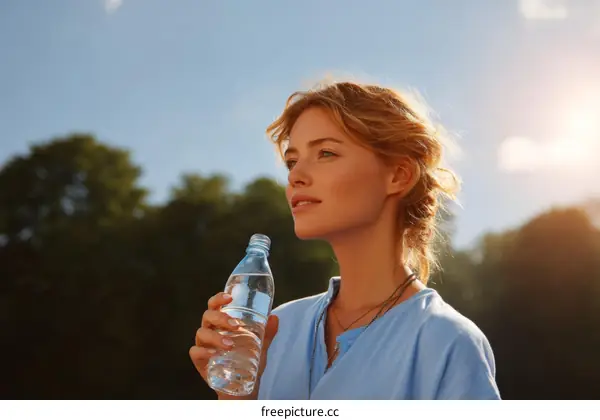 Woman Drinking Water Outdoors in Nature