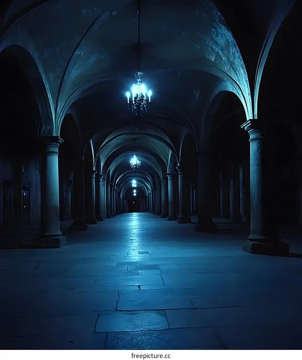 Dark Arched Corridor With Chandeliers