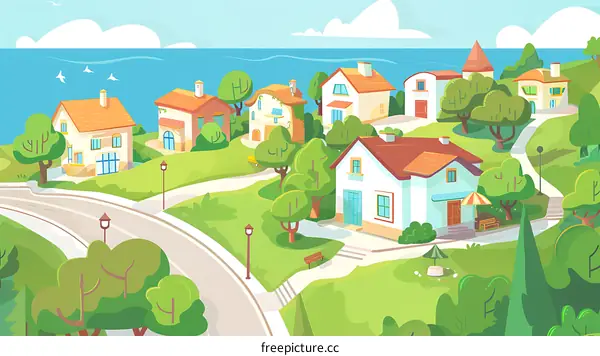 Cartoon Illustration of a Beautiful Seaside Village with Houses and Trees