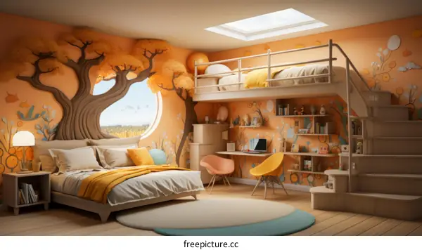 Whimsical Bedroom with Tree Mural and Loft Bed
