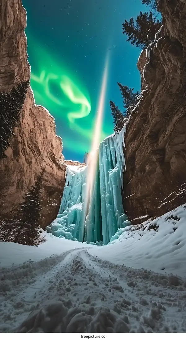 Frozen Waterfall Under The Northern Lights