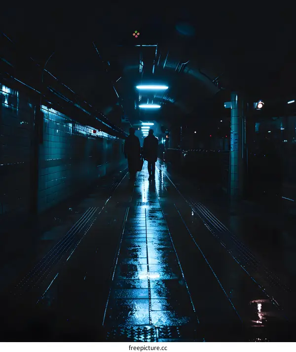 Two People Walking In Dark Subway Tunnel With Neon Lights