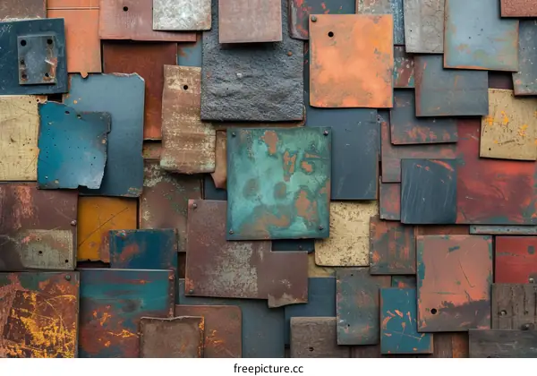 Rusted and painted metal plates background texture