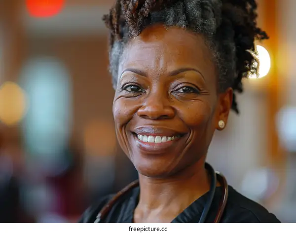 Portrait of a smiling African-American female doctor with gray hair